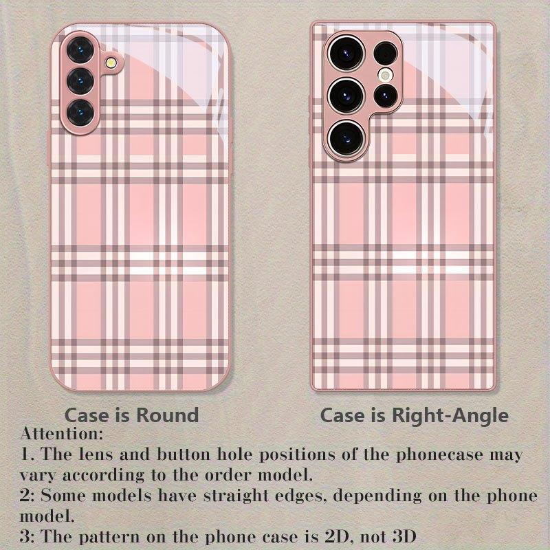 Pink checkered pattern glass phone case suitable for Samsung Galaxy S26 S25 S24 S23 S22 S20 FE/Ultra/Plus anti drop back cover