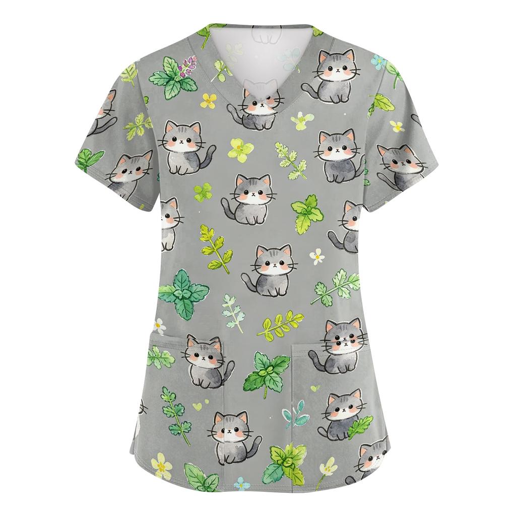 Women V Neck Short Sleeve Work Top with Pockets Animal Print Medical Scrub Shirt Comfortable Fit Durable Fabric Suitable for Healthcare Professionals