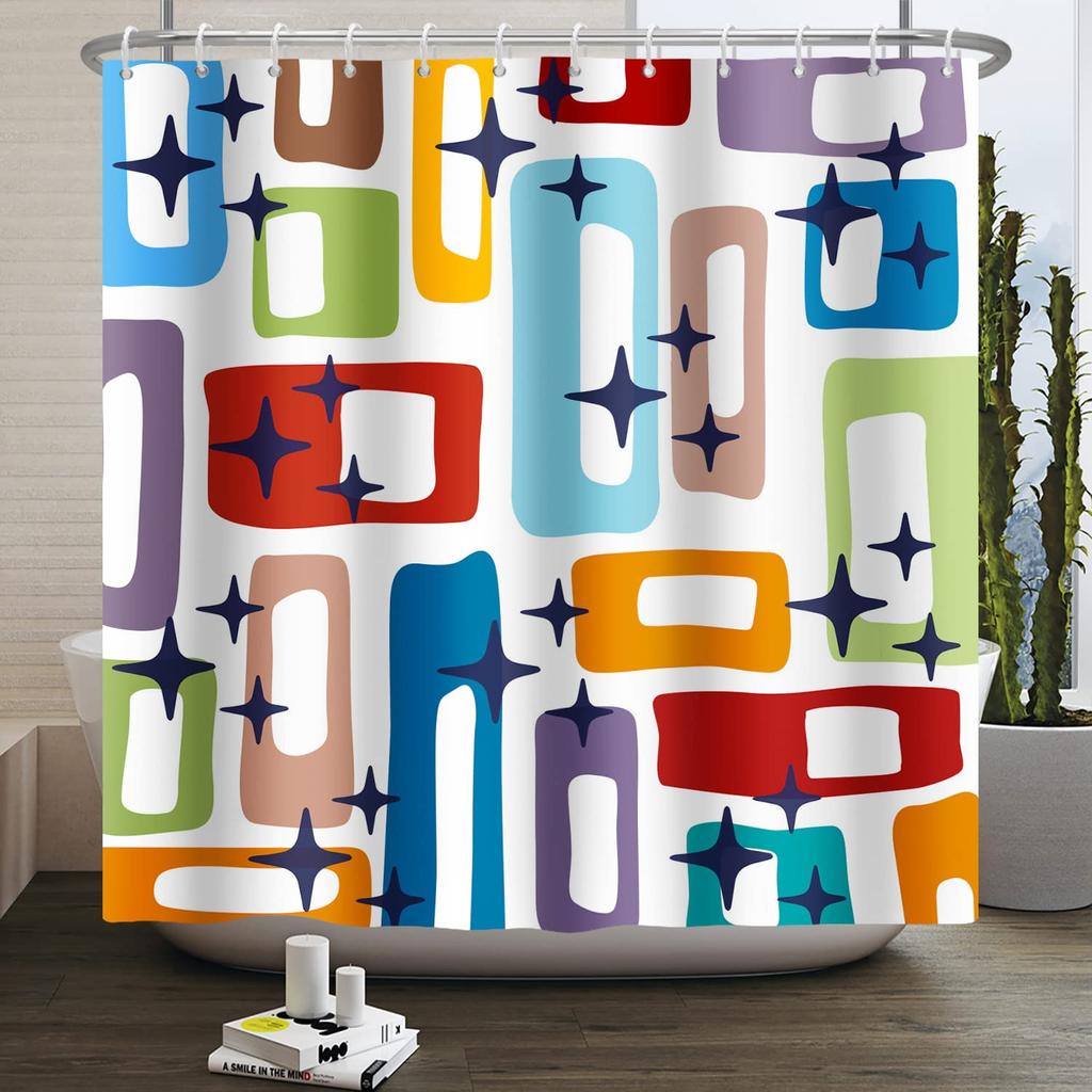Shower Curtain Vintage Atomic Stars Retro Pattern on Of Boomerangs Mid Centry Waterproof Polyester Fabric Bathroom Set with Hook
