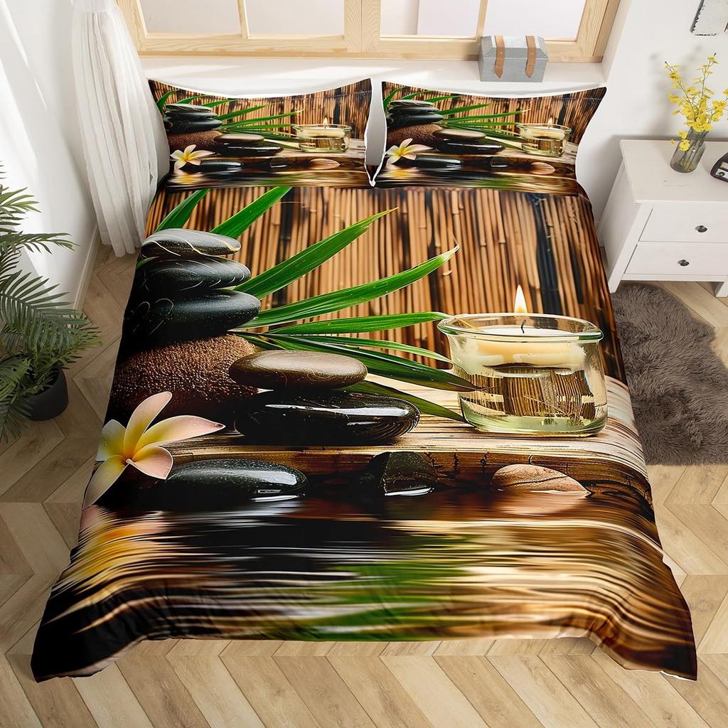 Zen Stones Duvet Cover Green Bamboo Fountain Bedding Set,Twin King,Spa Still Life Comforter Cover Natural Meditation Quilt Cover