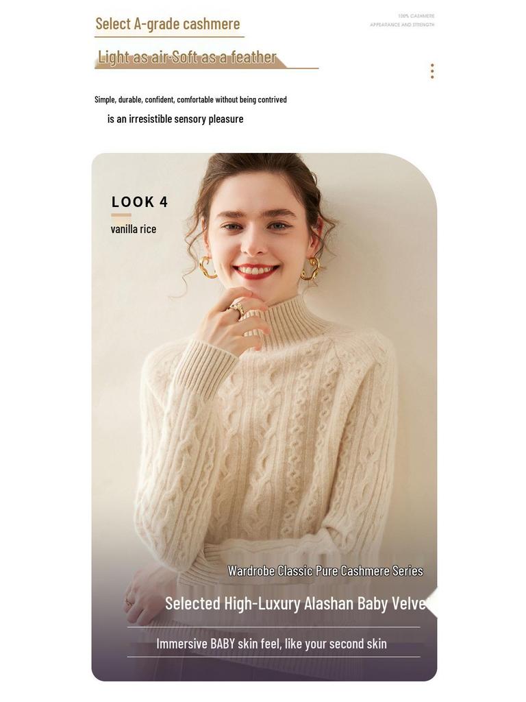 Damski sweter kaszmirowy z warkoczowym splotem - Półwysoki dekolt, Luźny krój, Obniżone ramię, Długi rękaw, Pogrubiony pulower