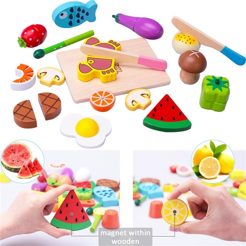 Pretend Play Wooden Cutting Cooking Food Toy Set Magnetic Wood Cut Vegetable Fruit Toy Pretend to Play Kitchen Children Toy Gift