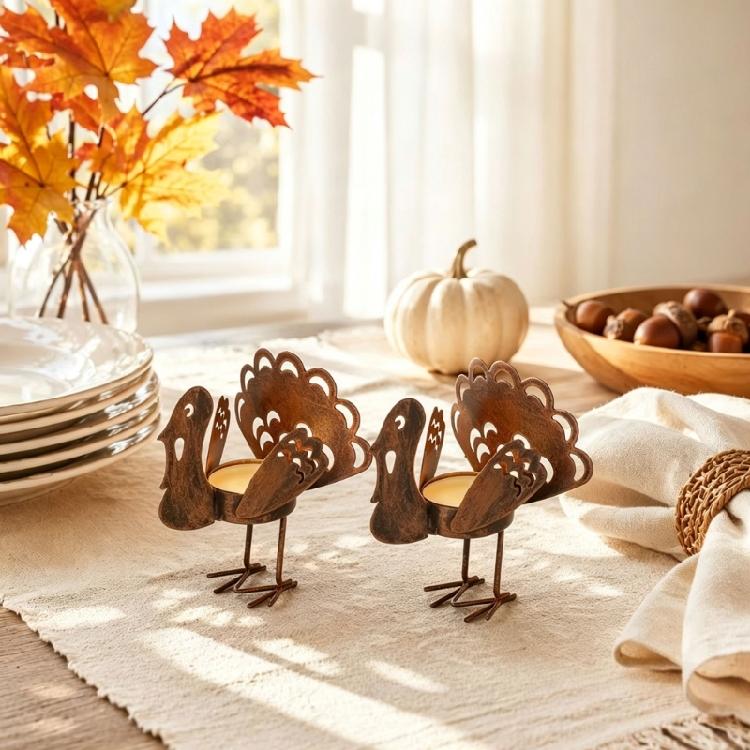 Turkey Design Tealight Candle Holders Set of 6 for Thanksgiving Mantel Decors, Metal Fall Table Accent for Harvest Centerpieces