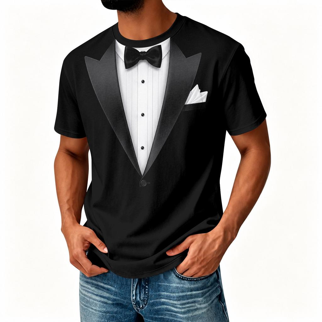 Men's Novelty Tuxedo Print Short Sleeve T-Shirt, Neck Casual Summer Top