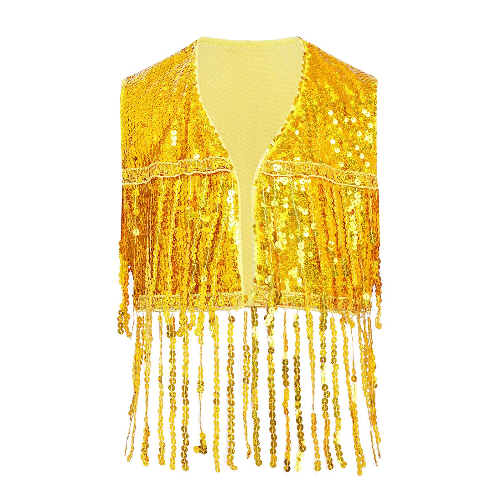 

Girls Shiny Sequin Tassel Vest Sleeveless Open Front Fringed Crop Top Waistcoat for Jazz Dance 15-16 Years золотий