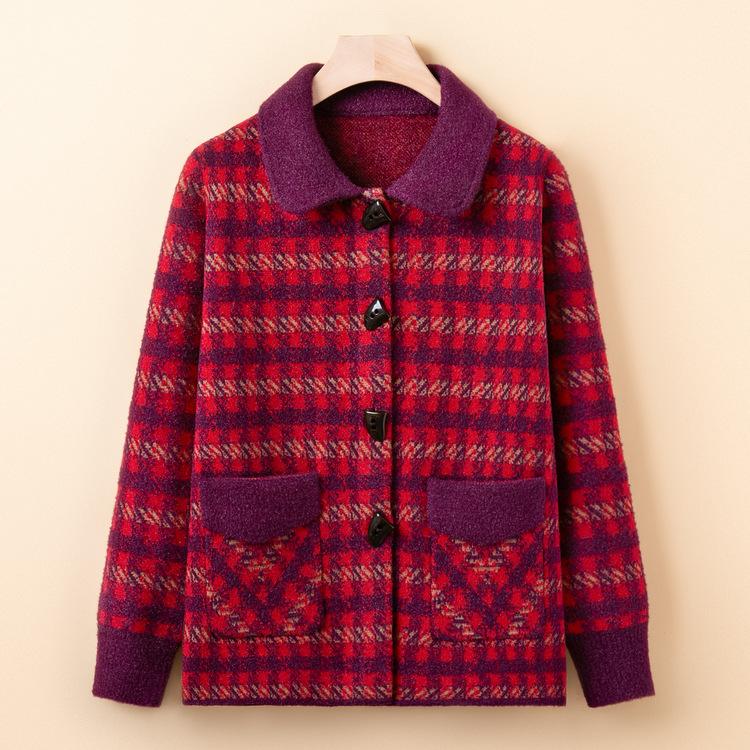 New Style Mother Sweater Jacket Middle-aged and Elderly Sweater Top Spring and Autumn Plaid Cardigan Lapel for Women