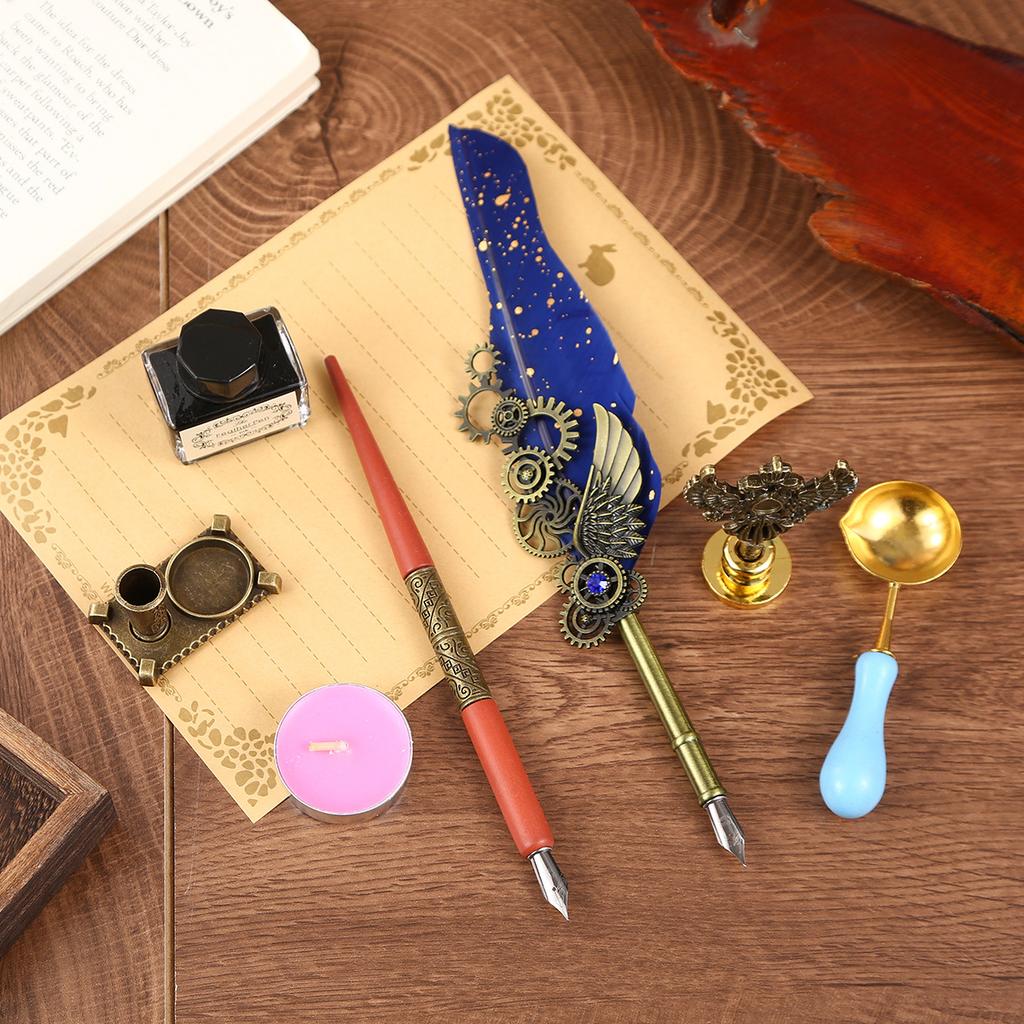 Punk Fjærsett Retro Mekanisk Dryssende Gull Fjærpenn Dyppepennsett Gaveeske Lærerdagsgaver
