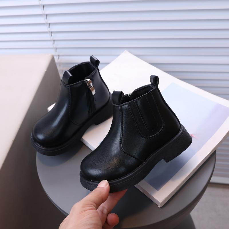Children's Boots Non-Slip Kids Leather Boots Side Zipper Design Short Boots Comfortable Solid Color Kids Shoes