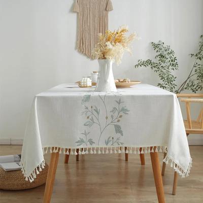 Embroidered Cotton Linen Floral Tassel Table Cloth Rectangular Tablecloth for Home Party Wedding Dining Decor Talbe Cover