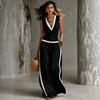 1116 New Women's Clothing Casual V-Neck Contrasting Edge, Cotton and Linen Top Wide Leg Pants Set