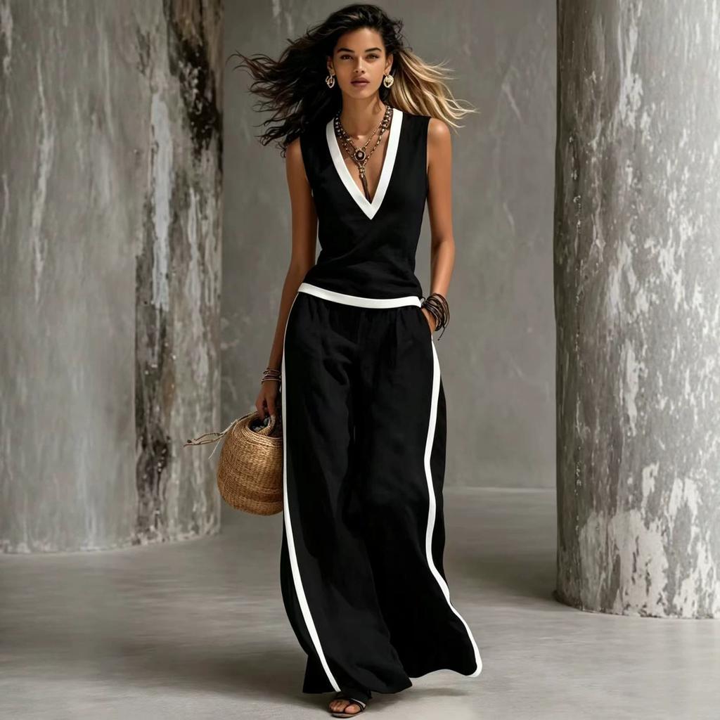 1116 New Women's Clothing Casual V-Neck Contrasting Edge, Cotton and Linen Top Wide Leg Pants Set