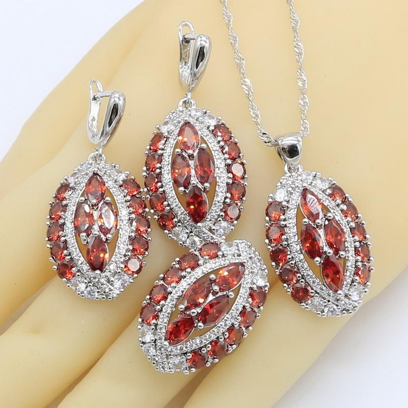 

Red Zircon Bridal Jewelry Sets For Women Color Bracelet Earrings Necklace Pendant Ring Gift Box 7