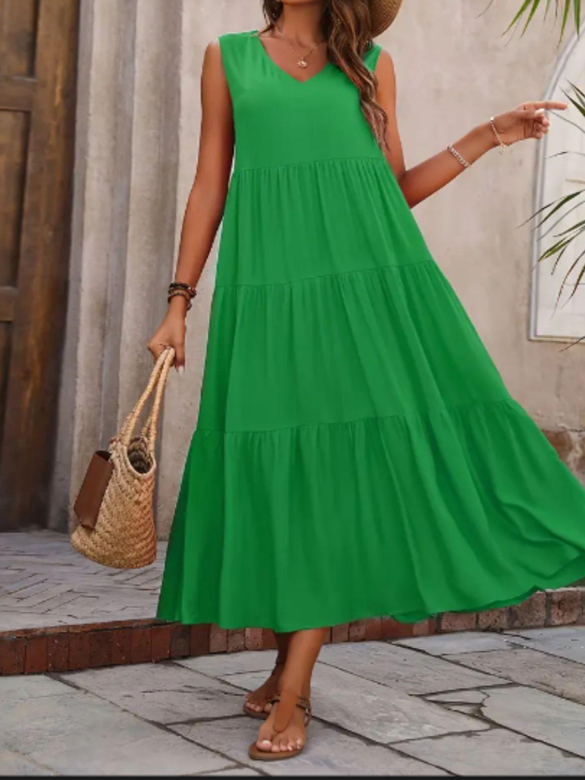 2026 European & American Elegant V-neck Layered Hem Solid Color Holiday Dress 4XL зелёный