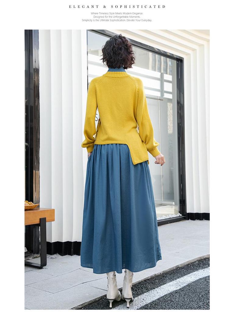 2026 Spring Yellow Knit Top & Blue Skirt Color Block Casual Women's Set