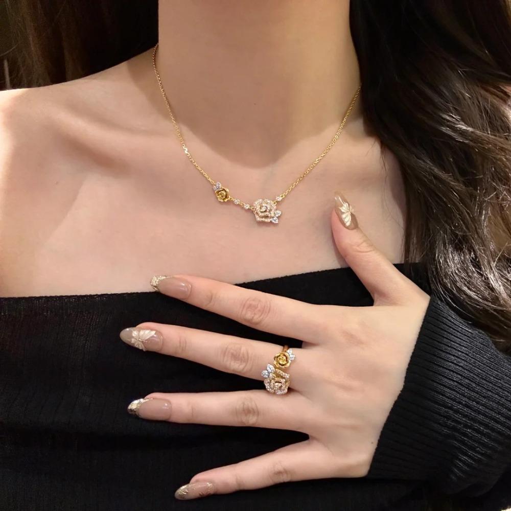 Luxury French Style Diamond Rose Necklace Camellia Bracelet and Floral Ring Set for Women Fashion Jewelry
