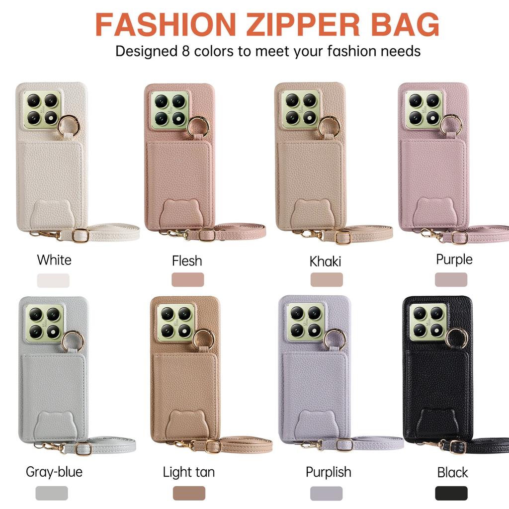 Crossbody Cards Solt Wallet Leather Case For Xiaomi Redmi Note 13 Pro Plus 12 14T 14C 13T 13C POCO X6 Mirror Ring Holder Cover