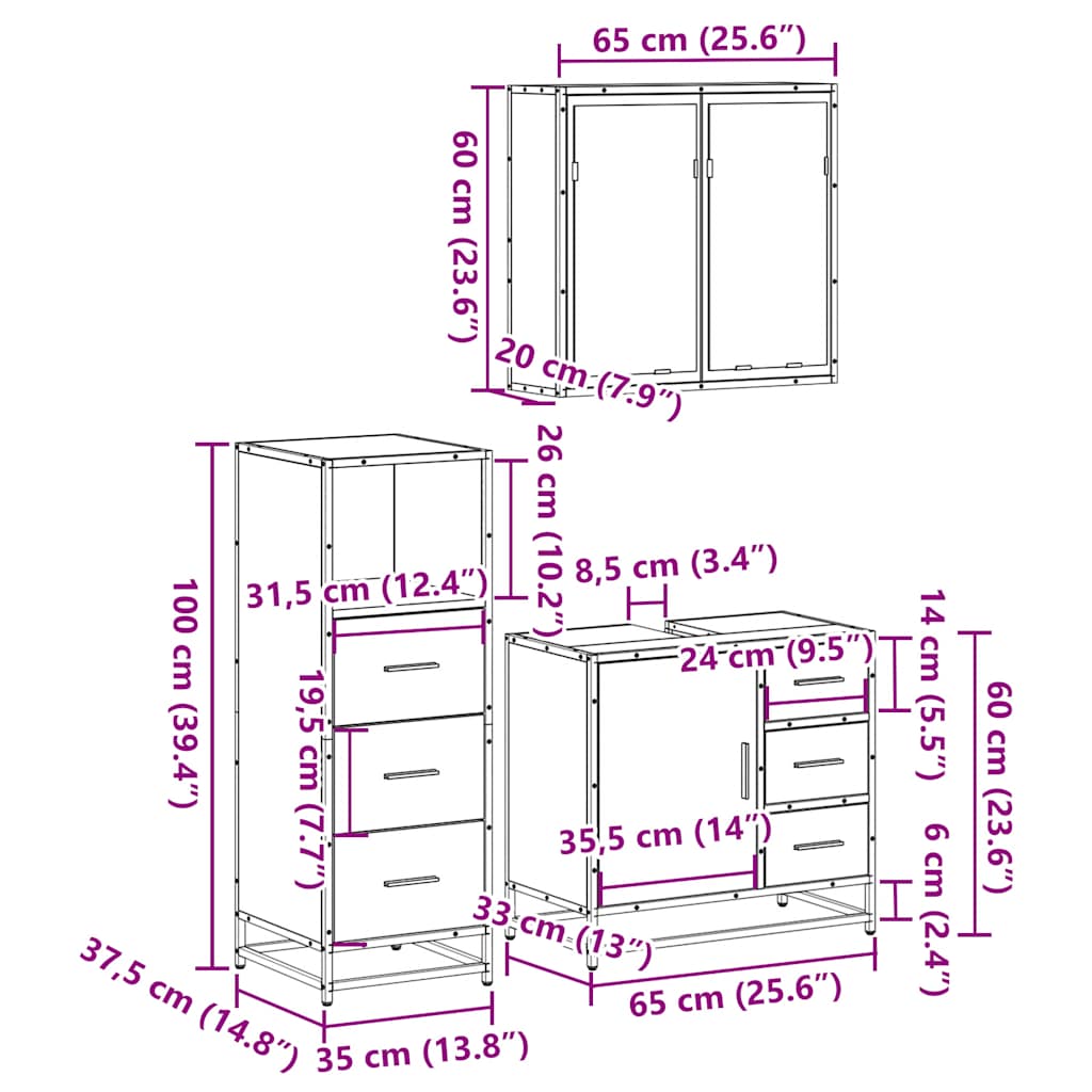 3 Piece Bathroom Furniture Set In Sonoma Oak Particleboard