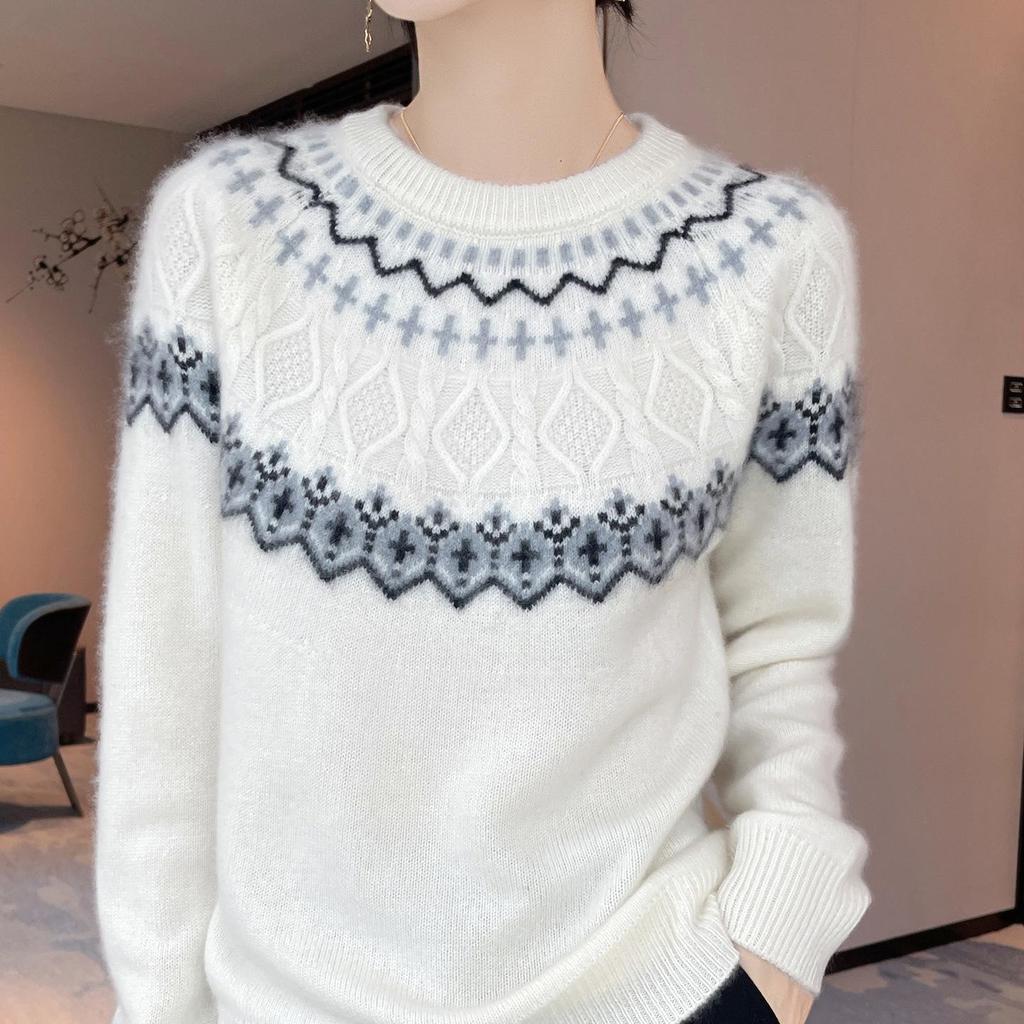 Women's Pure Wool Fair Isle Sweater - Round Neck, Long Sleeve, Loose Fit Knitwear