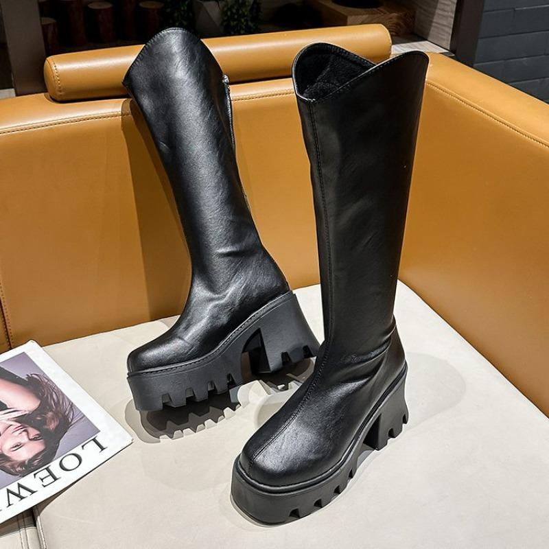 Autumn British Muffin Bottom Round Head Thick Heel Boots Women's Rear Zipper Thick Sole But Knee High Heel Fashion Boots