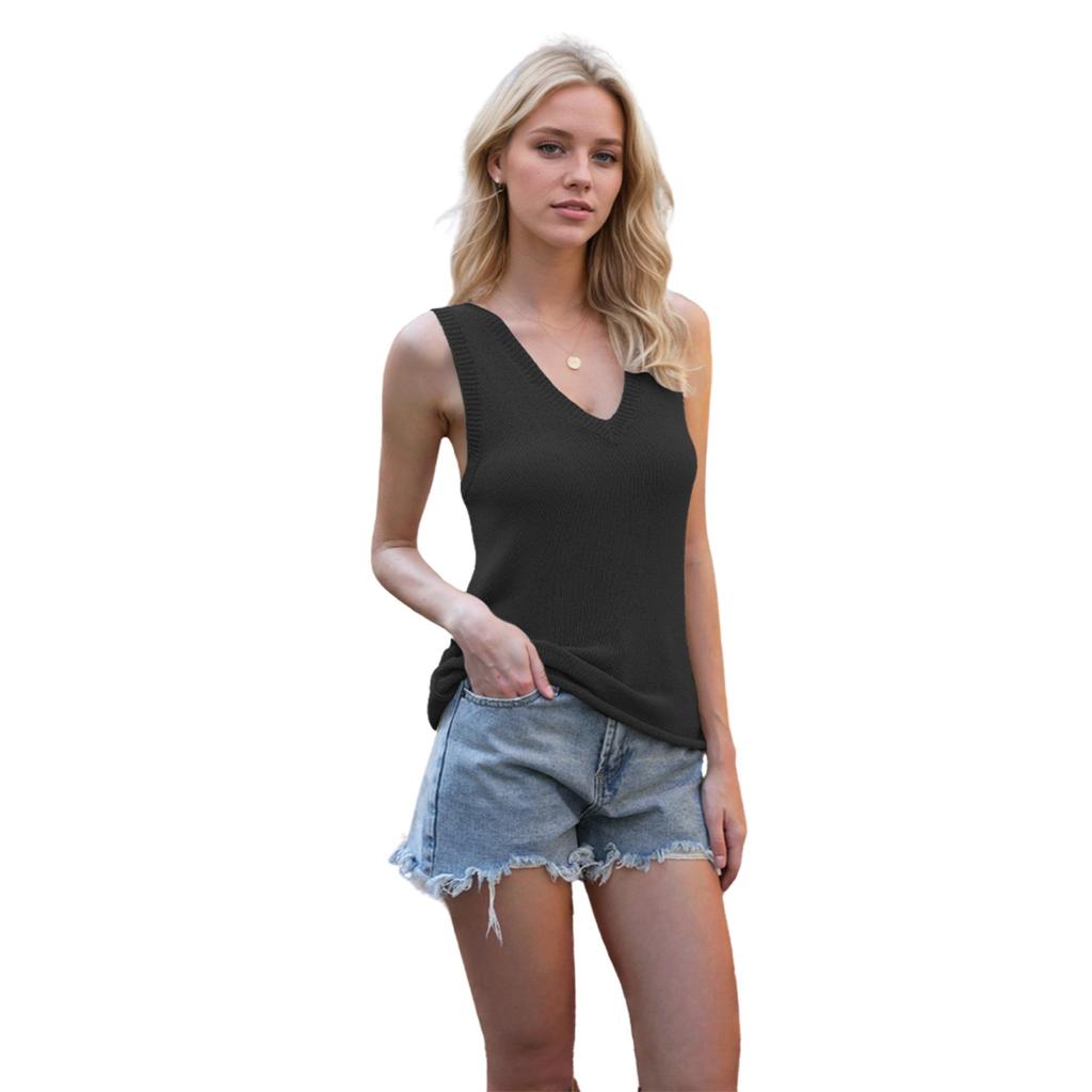 Summer Women's V-Neck Solid Colour Backless Knit Tie Small Tank Top