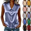 Damen Ärmelloses Satin-Hemd mit Knöpfen Strand-Überwurf Top Leichte Sommerbluse mit Kragen Lässiges Seidiges Tanktop