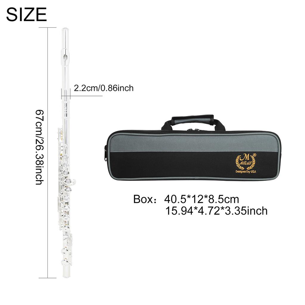 M MBAT 16 Closed Hole Flute C Key Flute with E Keys Suitable For Beginner Pro Horizontal Flute With Gloves Cleaning Cloth Parts