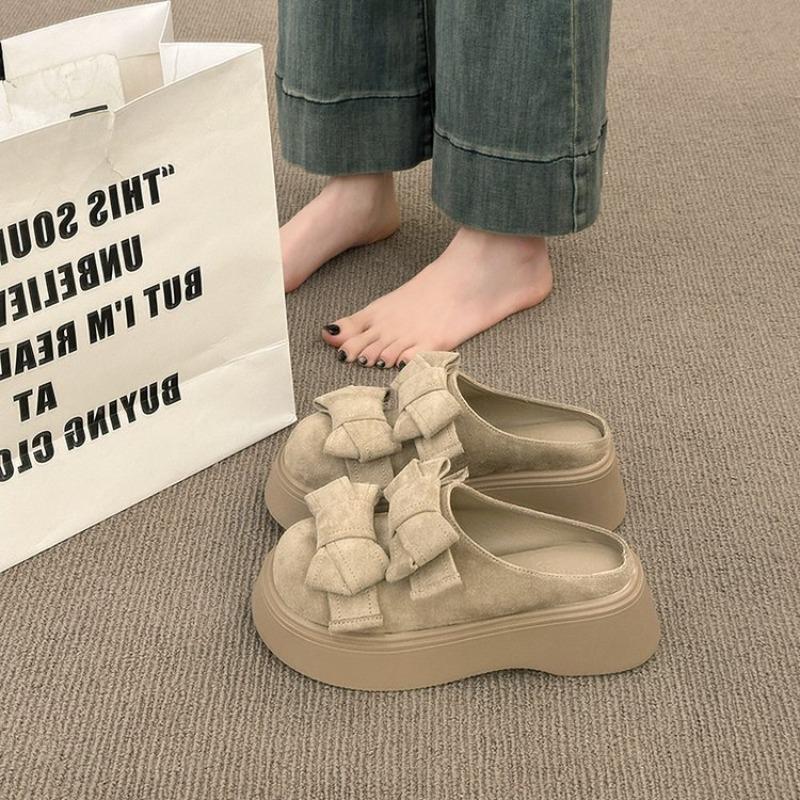 Fashion 2025 New Round Head Waterproof Table Slipper Women's Fashion Wrap Head Deep Mouth Flannelette Butterfly Knot Non-slip Flat Shoes