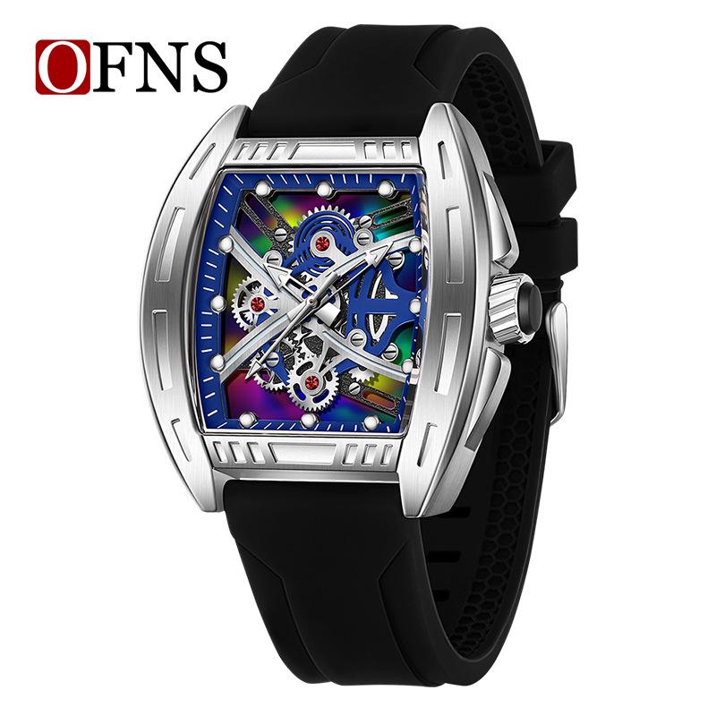 Oufanni Leuchtendes Skelett Quarz Tonneau-Uhr - Herren Freizeit Business Wasserdichte Mode-Uhr