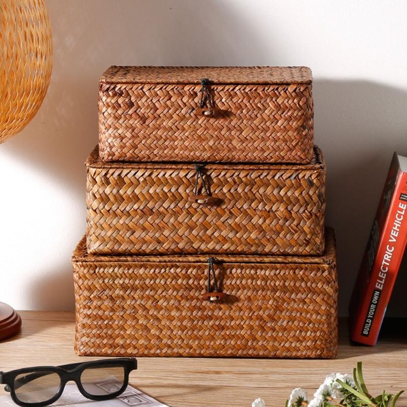 Decorative Natural Rattan Basket With Cover Multipurpose Household Organizer For Kitchen Living Room Essential