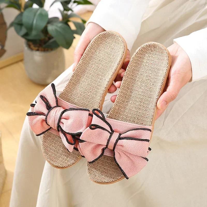 Summer Women Casual Slides Comfortable Flax Slippers Striped Bow Linen Flip Flops Platform Sandals Ladies Indoor Shoes