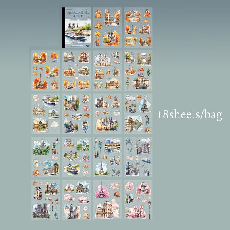 18 Sheets/Bag Sticker Book Characters Paris Attractions Stickers - Handbook Stationery For DIY Handmade & Scrapbook Diary