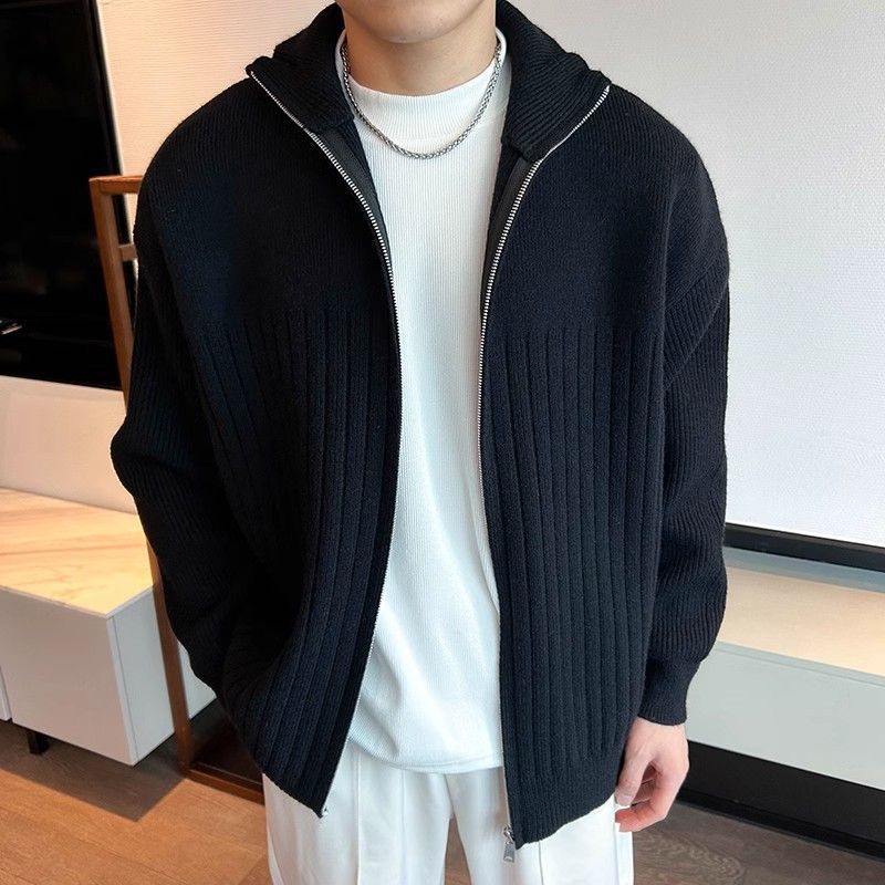 Autumn And Winter Cardigan Sweater Men s Striped Sweater Coat Business Jacket L чёрный