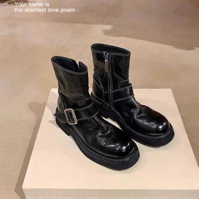 Neuer Punkt Traubenmutter Retro Gürtelschnalle Martin Stiefel dicksohlig gewaschenes Pferdeleder runde Zehen dicker Absatz mittelhohe Stiefel Kinder