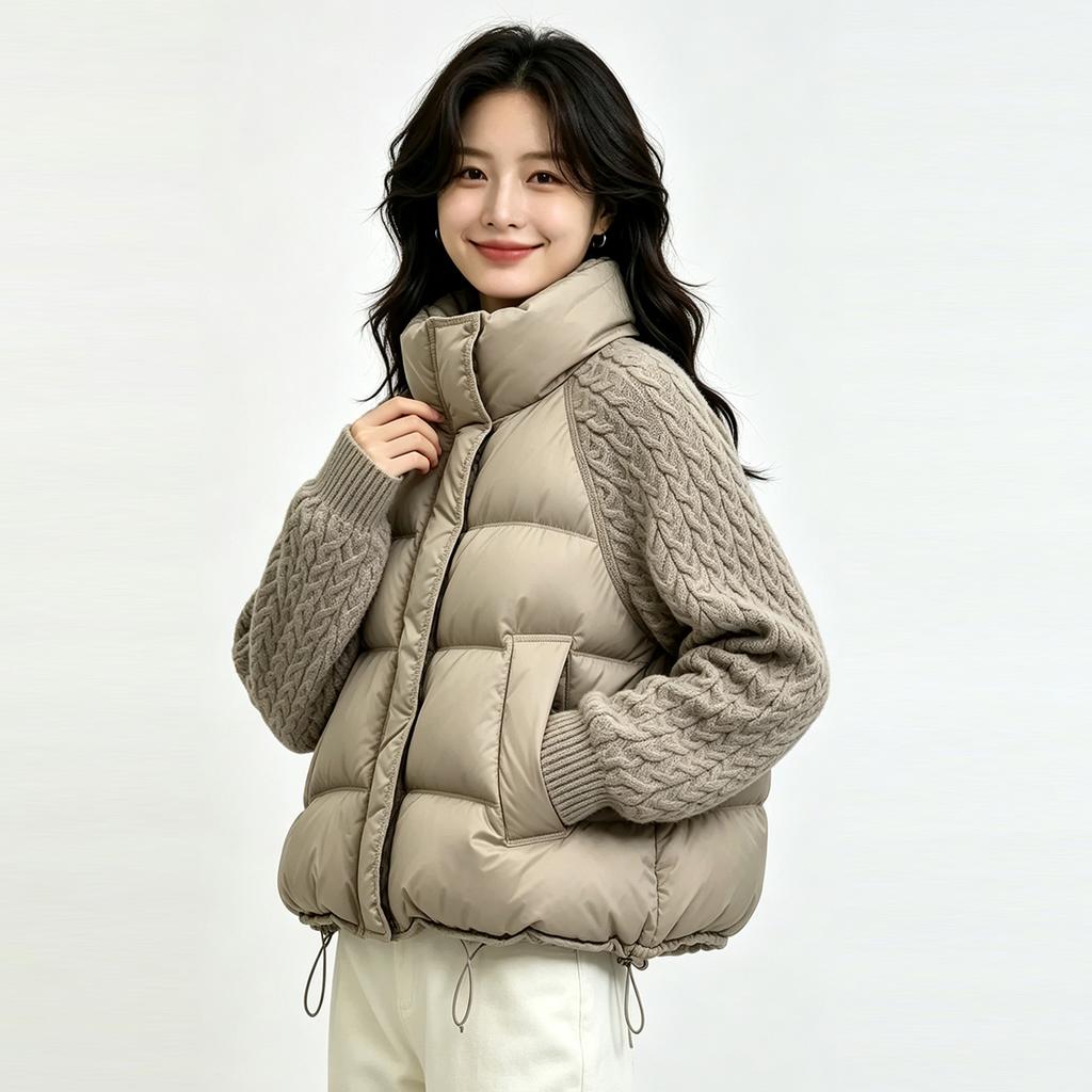 Autumn and winter casual cotton clothes women's short stand-up collar body cotton filled knitted twist sleeve splicing women's jacket