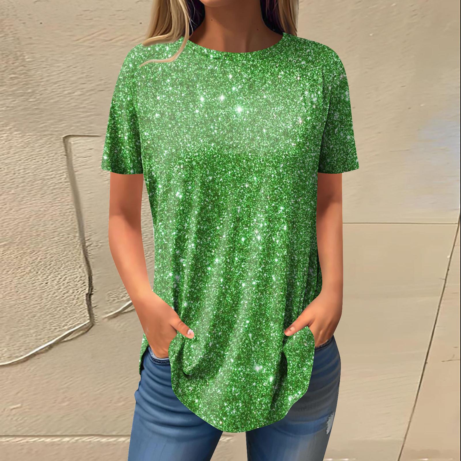 

Жіноча модна повсякденна футболка з круглим вирізом і принтом з паєтками з короткими рукавами XXL зелений