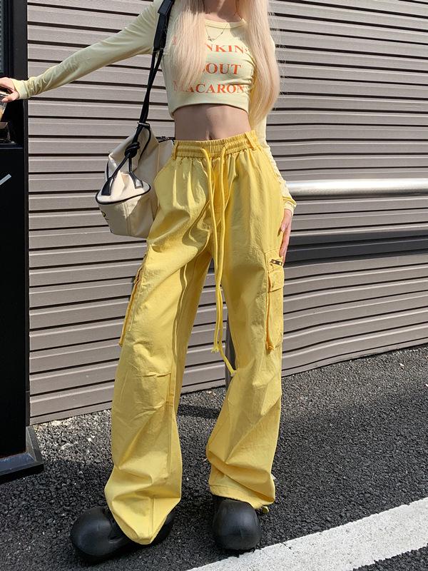 

Женские новые американские брюки карго цвета дофамина - Сладкий и крутой стиль, Свободная посадка с высокой талией, Широкие штанины. S жёлтый