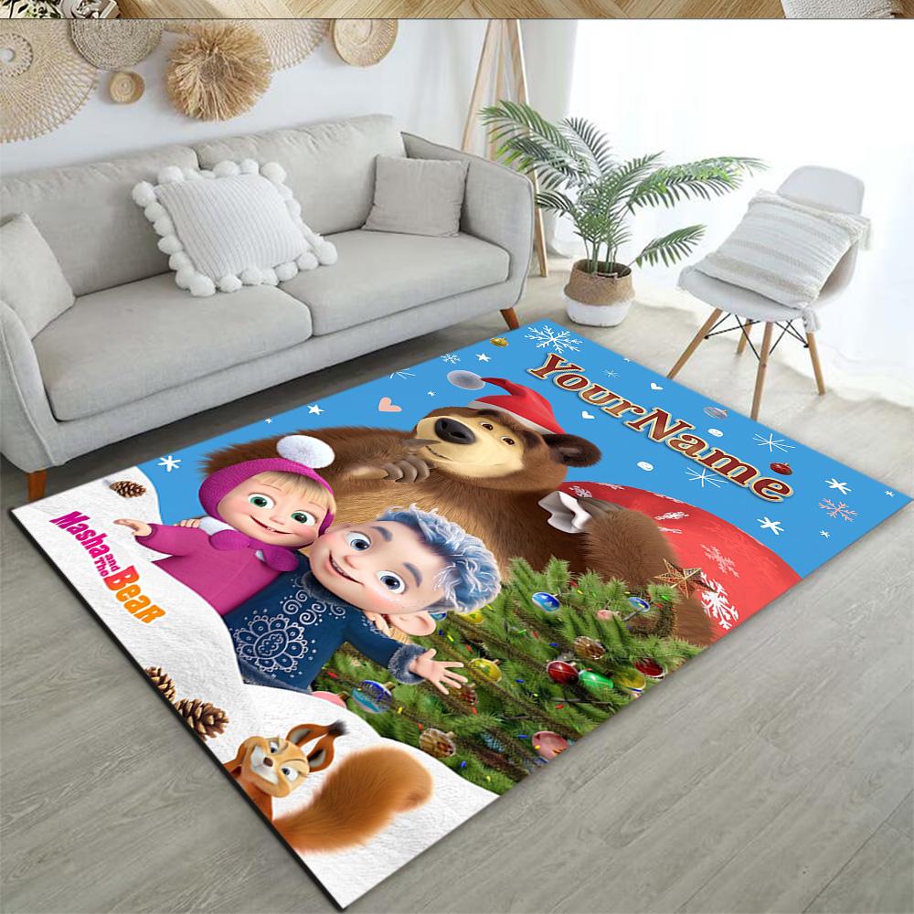 Masha Bear Customize Text Floor Mat Perfect for Dormitory Balcony Game Room Dining Room Anti-slip Rug Anime Office Decor