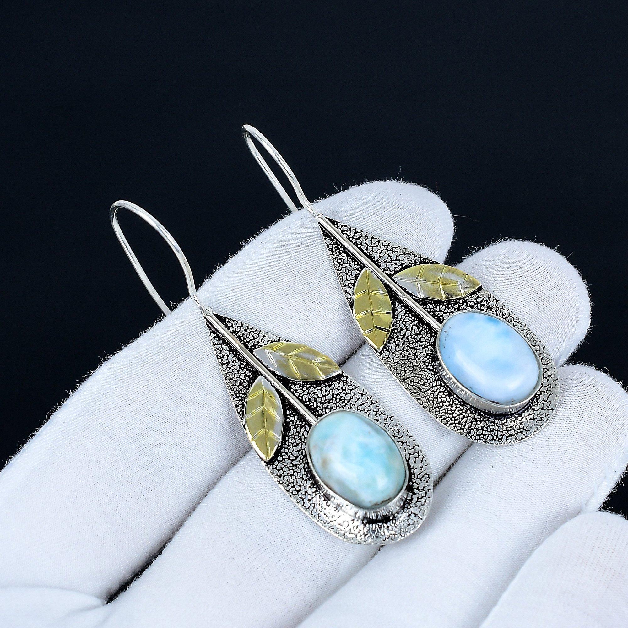 

Larimar Gemstone Earrings, 925 Sterling Silver Earrings, Handmade Silver Earrings For Gift, Larimar Dangle Earrings Engagement Gift 6 Cm