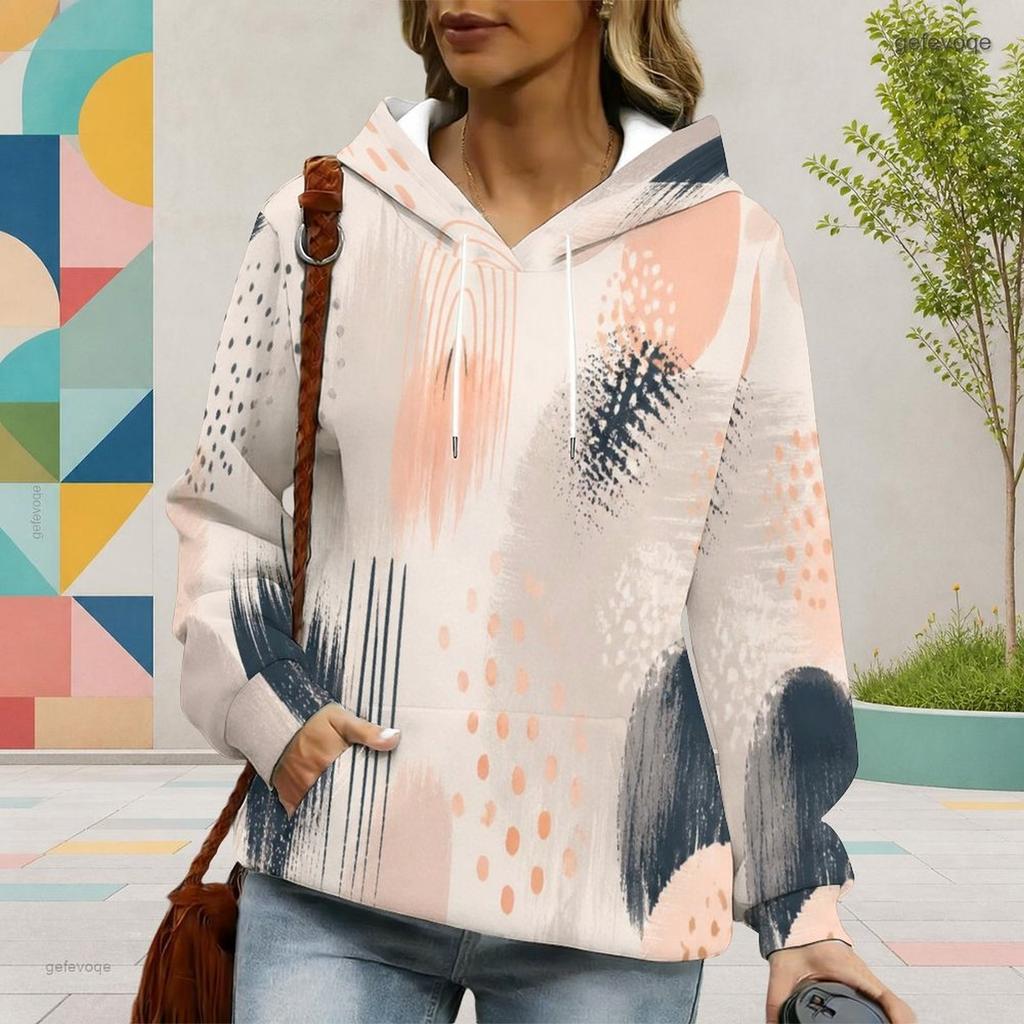 Women Plus Size Abstract Watercolor Printed Long Sleeve Drawstring Hoodie With Kangaroo Pocket