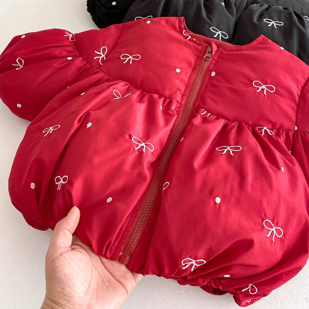 2025 New Girls' Korean-Style Winter Coat with Bow and Scarf - Cute Cotton Padded Outfit for Babies