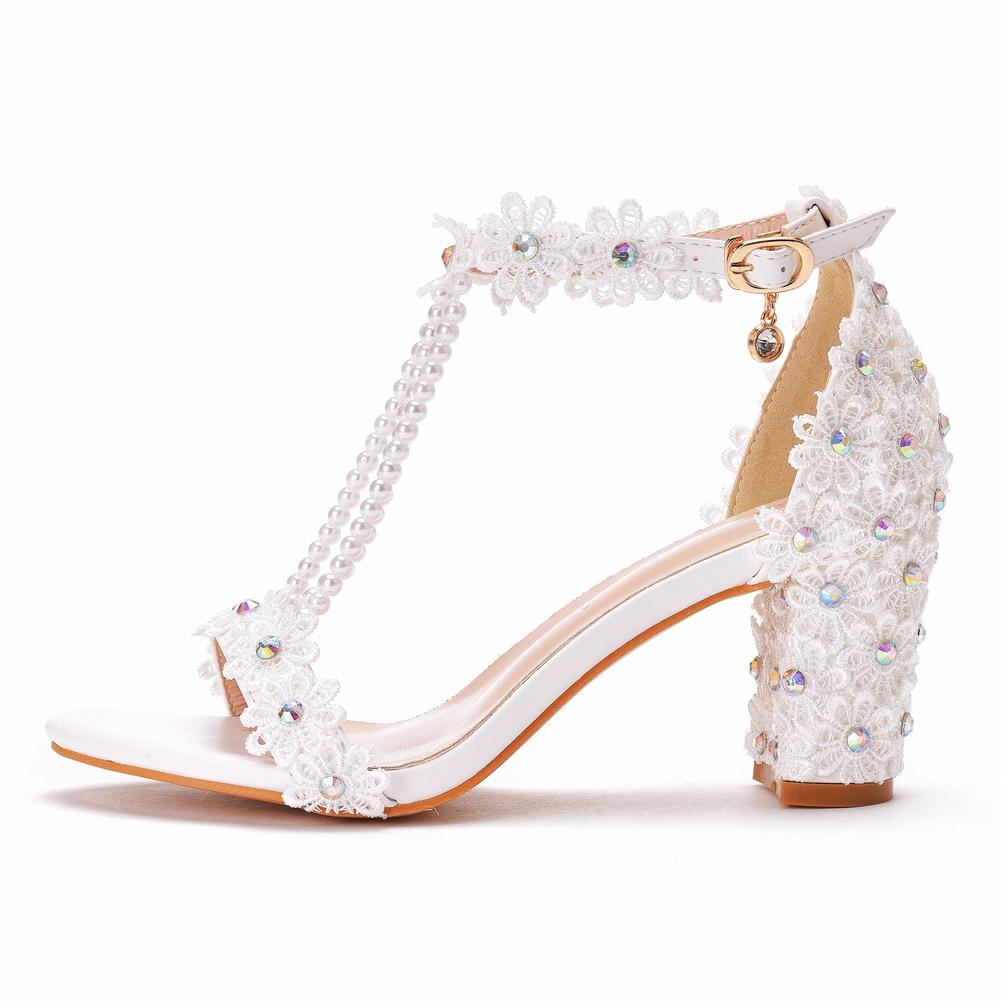 Kristall Königin Elegante High Heels 7cm Damen Bankett Sandalen Plateau Zehen Hochzeits Schuhe Weiß Spitze Partykleid Pumps