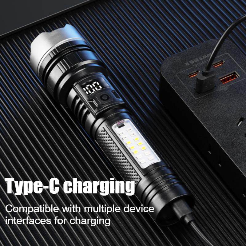 5 režimů USB dobíjecí LED svítilna výkonná zoom svítilna s COB bočními světly venkovní nouzová svítilna přenosná kempingová lampa