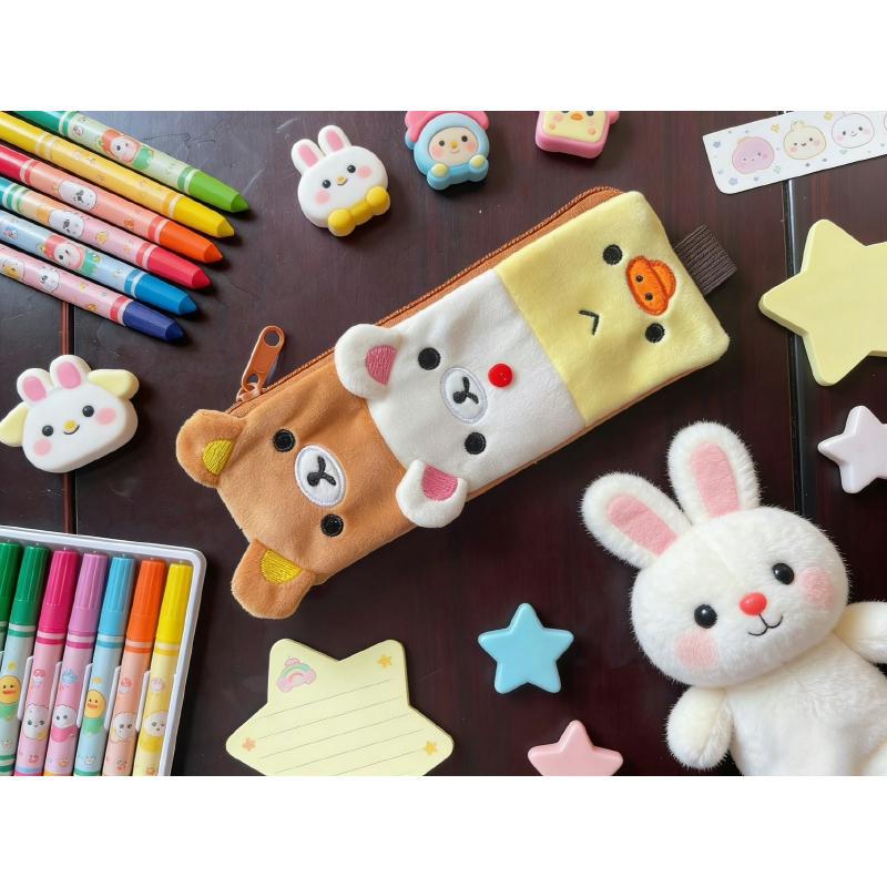 Plush Pencil Case Cute Cartoon Animal Large Capacity Portable Creative Stationery Storage Bag Rilakkuma Style For Kids Students