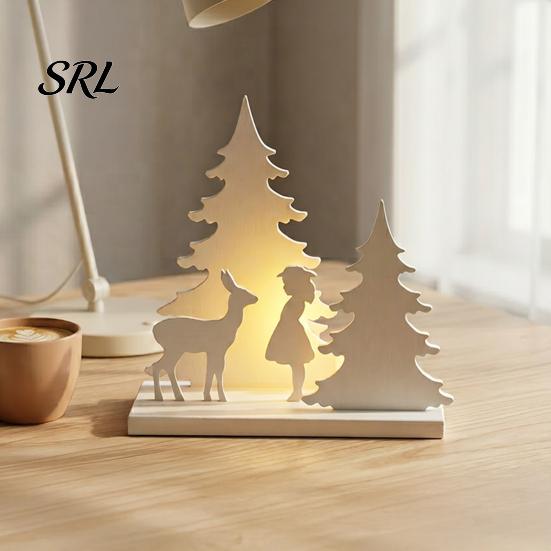 Nordic Simplicity Interior Decor Christmas Girl Reindeer Tabletop Decor, 3D Printed Fairy Tale Forest Silhouette Creative Gifts for Women with