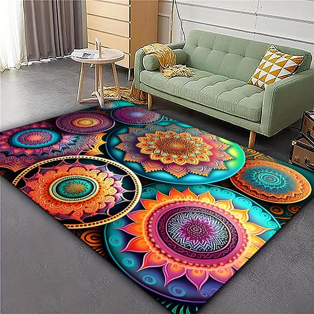 Bohemian Mandala Area Rug - Non-Slip Washable Polyester Mat for Living Room, Bedroom & Entryway, Vibrant Multicolor