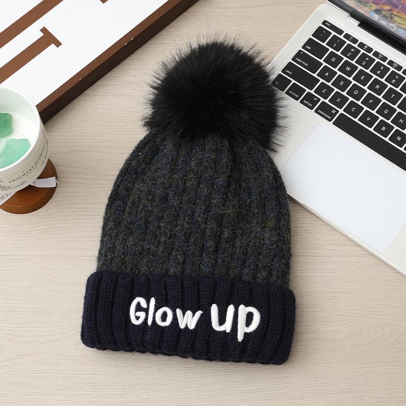 

Autumn and winter hat women s cute hairball letter knitted wool hat versatile big head circumference ear protection warm hat One Size