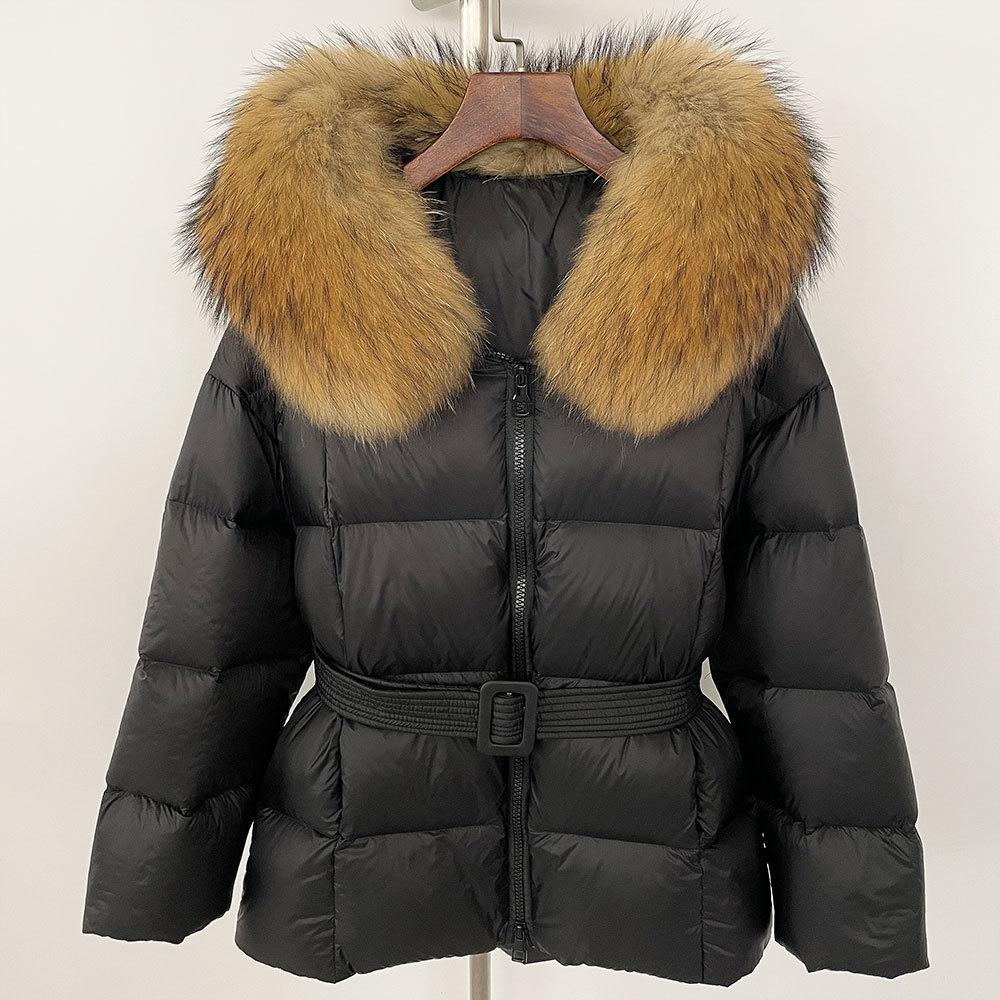 New women's winter real fox fur collar short hooded white duck down jacket women close waist and look thin
