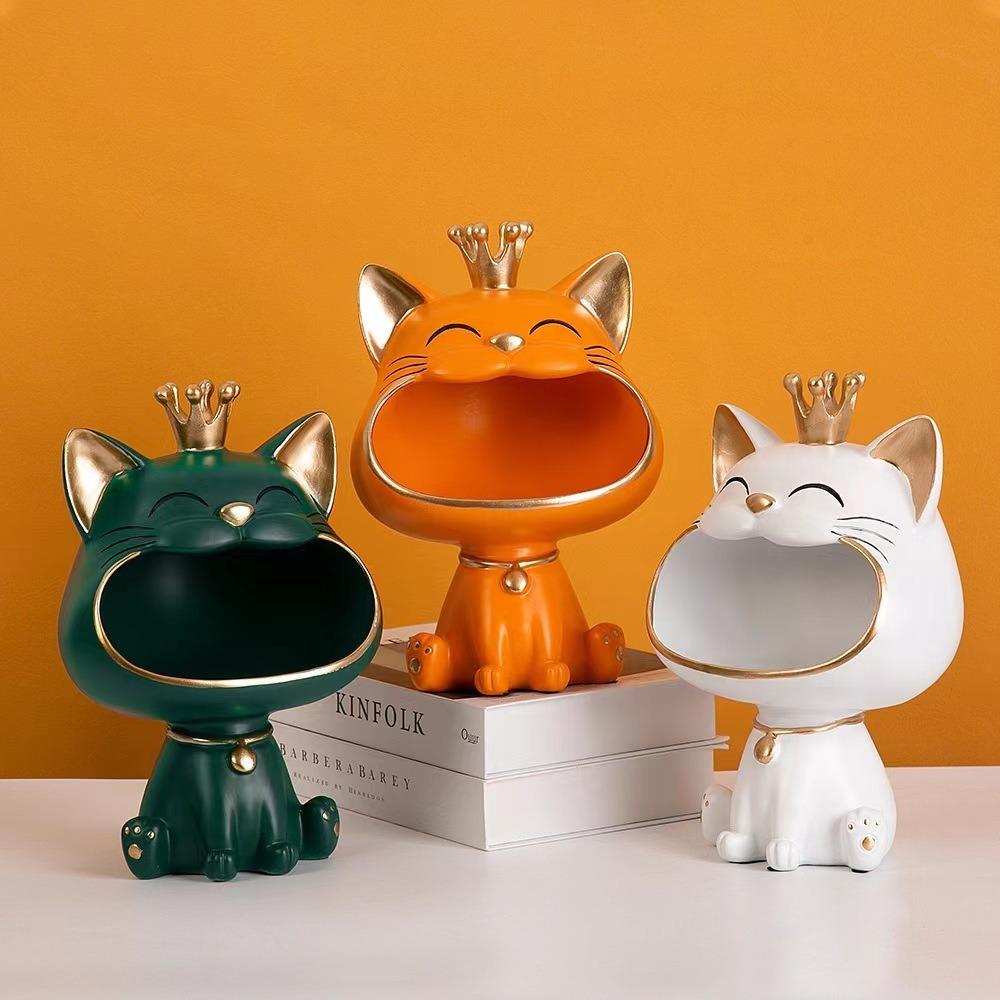For Resin Crown Cat Bigmouth Cat Storage Desktop Decoration Ornament Entryway Key Snack Storage Handicrafts Animal Model Collect