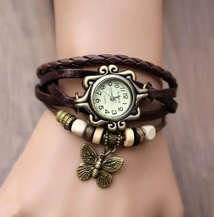 Vintage Fashion Creative Gifts Cow Leather Watch Women Ladies Fashion Butterfly Beads Dress Quartz Wristwatch Accessories Decor