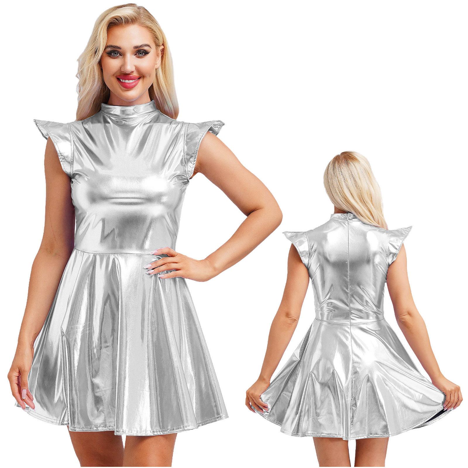 

Жіноча сукня для Хелловінської вечірки - Блискуча металізована А-лінія з коміром-стійкою та рукавами-крильцями Модний одяг для бару та клубу L срібний